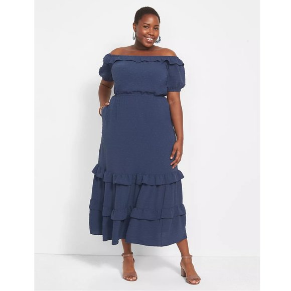 Lane Bryant Size 18 Mood Indigo Off-The-Shoulder Maxi Dress With Tiered Ruffles - Picture 1 of 17